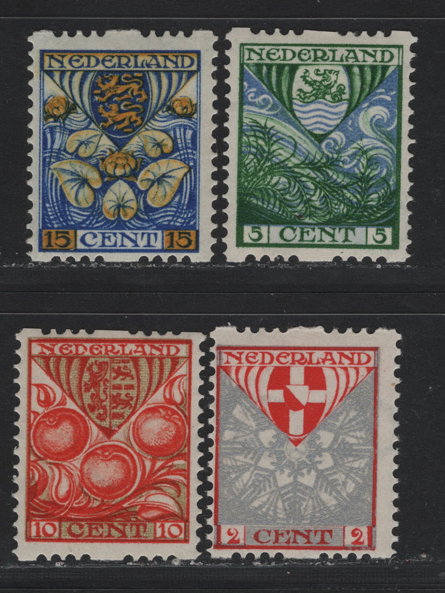 Lot 33 Netherlands SC#B12a-B15a 2c+2c - 15c+3c Silver & Red - Ultramarine & Yellow , 1926 Child Welfare Societies Semi Postals, 4 F/VFOG Singles, Syncopated Perf Type A