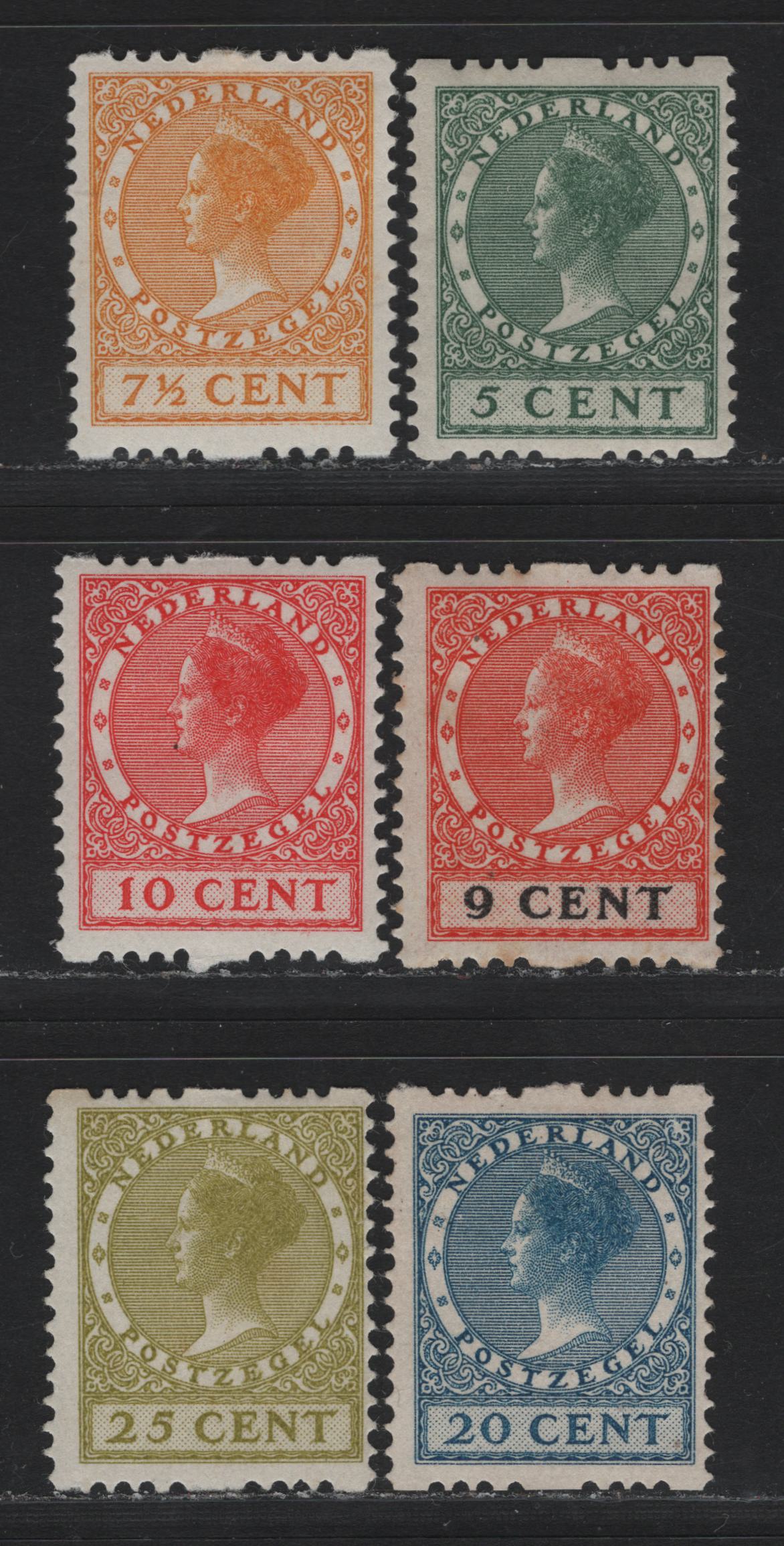 Lot 37 Netherlands SC#149a, 150a, 151a, 147a, 154a, 155a 5c - 25c Dull Green - Olive Bistre , 1924-1926 Gull & Photogravure Wilhelmina Issues, 6 F/VFOG & Unused Singles, 20c Is Unused