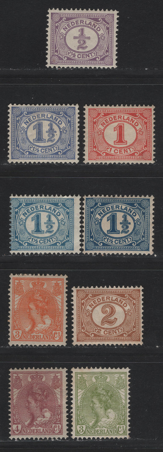 Lot 4 Netherlands SC#55-59, 61-63 1/2c - 4c Violet - Claret Numerals - Queen Wilhelmina, 1898-1924 Numerals - Queen Wilhelmina Issue, 9 VG/F/VFOG Singles, Very Light Vertical Crease on 1.5c Ultramarine