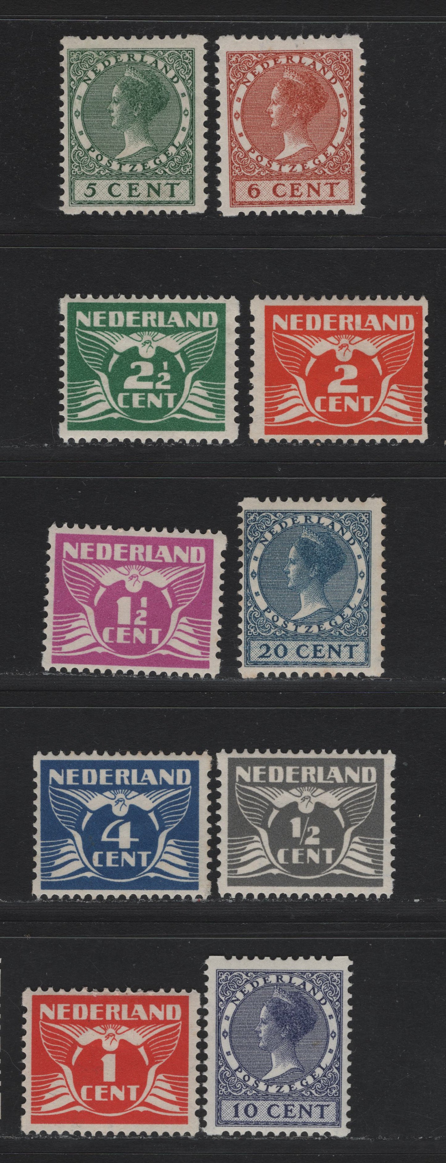 Lot 49 Netherlands SC#164b/169b, 171c/183b 1/2c - 20c Gray - Deep Blue , 1930 Gull & Queen Wilhelmina Issue, 10 F/VFOG Singles, Syncopated Perf Type C, Small & Large Holes