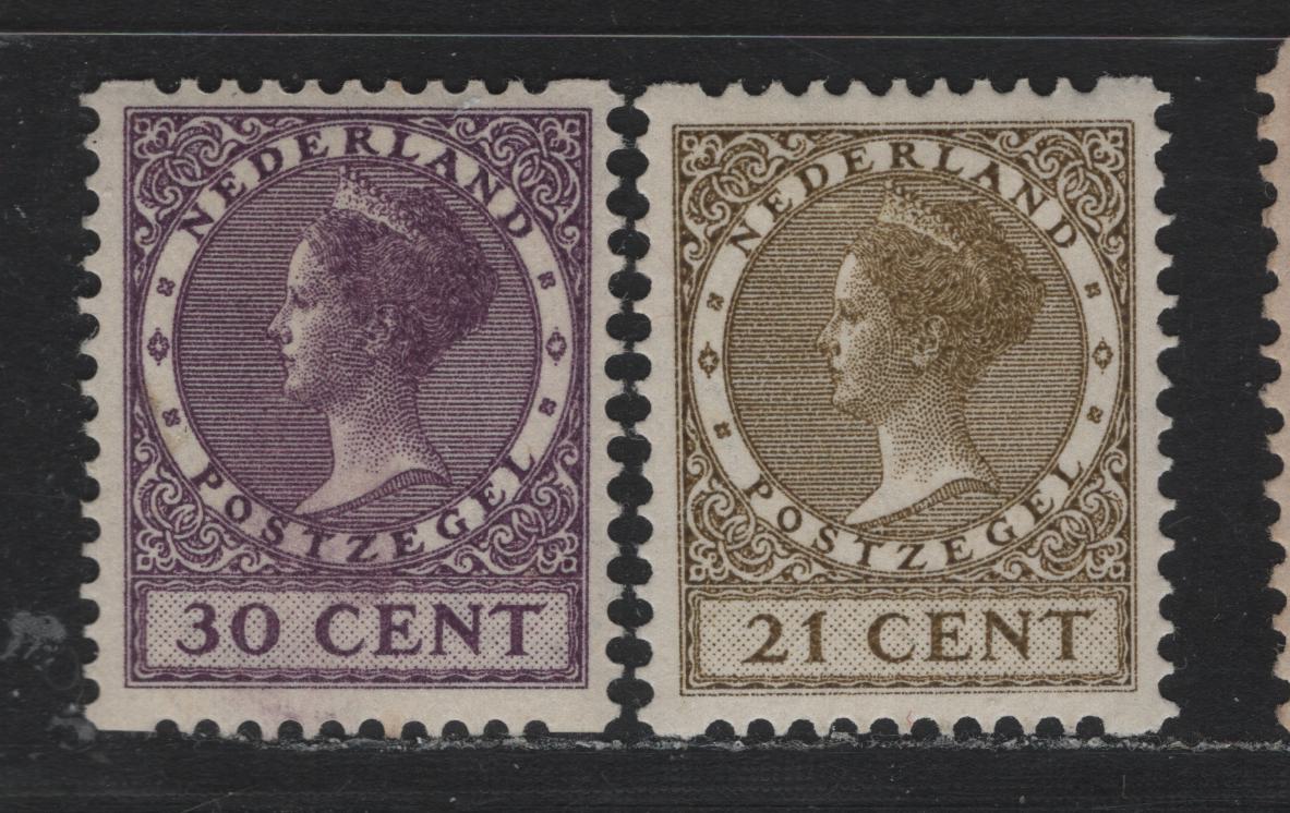 Lot 50 Netherlands SC#184a, 189c 21c - 30c Olive Brown - Violet , 1930 Gull & Queen Wilhelmina Issue, 2 VFOG Singles, Syncopated Perf Type C