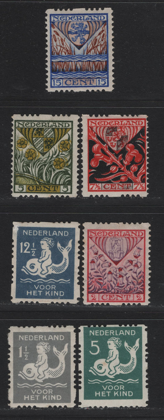 Lot 56 Netherlands SC#B37a-B38a, B40a, B21a-B24a 2c+2c - 12.5c+3.5c Deep Rose & Violet - Gray Blue , 1927-1929 Child Welfare Societies Semi Postals, 7 F/VFOG Singles, Syncopated Perf Types A & B