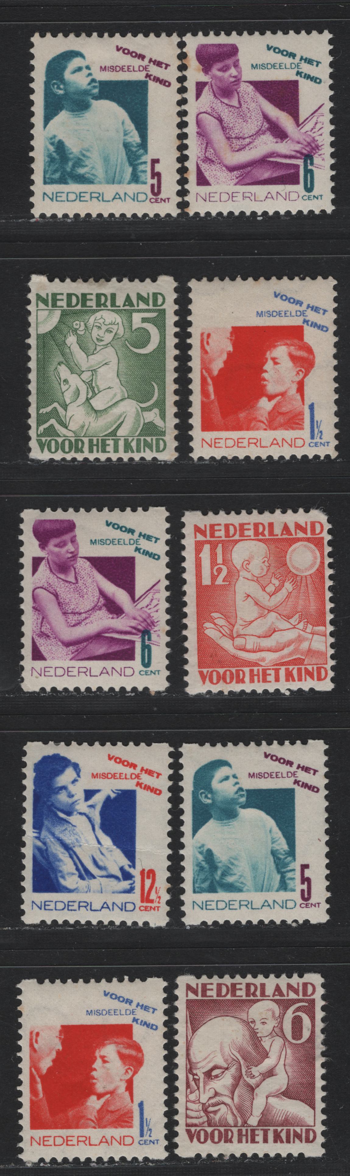 Lot 60 Netherlands SC#B44a-B46a, B50-51, B50a-53a 1.5c+1.5c - 12.5c+3.5c Light Red - Deep Ultramarine & Orange , 1930-1931 Child Welfare Semi Postals, 10 VG/F/VFOG Singles, Syncopated Perf Type C, B53a Has A Horizontal Crease