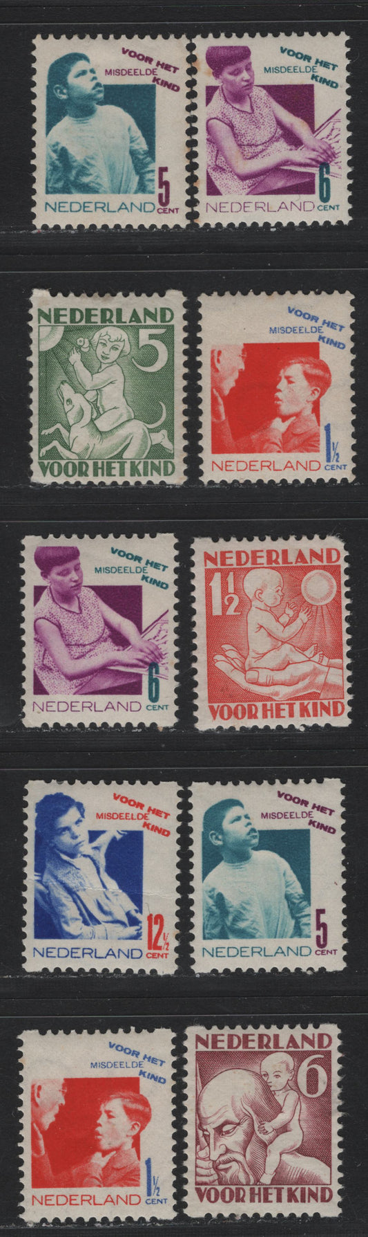 Lot 60 Netherlands SC#B44a-B46a, B50-51, B50a-53a 1.5c+1.5c - 12.5c+3.5c Light Red - Deep Ultramarine & Orange , 1930-1931 Child Welfare Semi Postals, 10 VG/F/VFOG Singles, Syncopated Perf Type C, B53a Has A Horizontal Crease