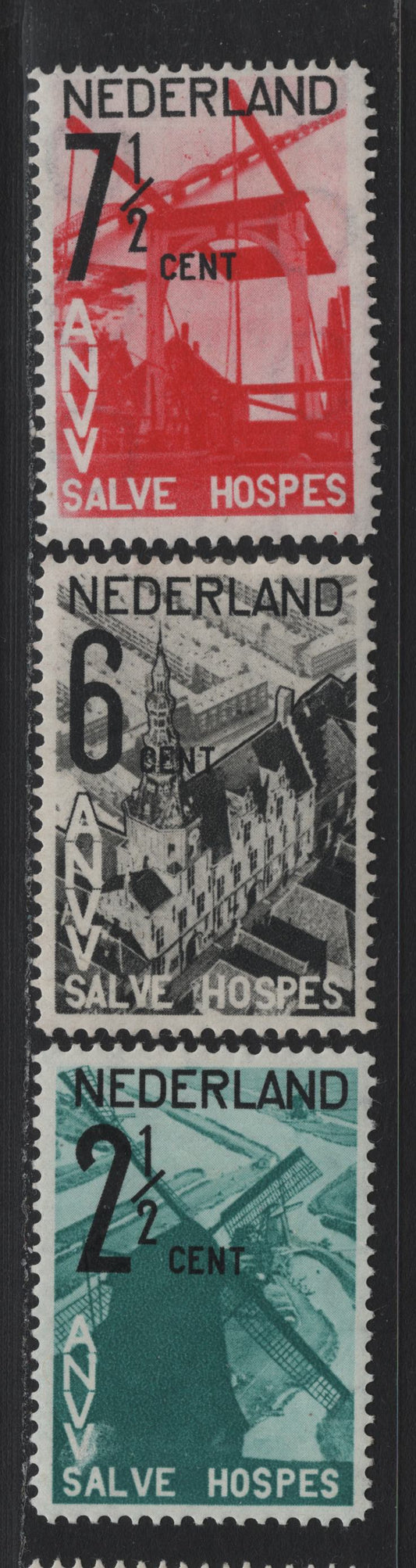Lot 61 Netherlands SC#B54-B56 2.5c+1.5c - 7.5c+3.5c Turquoise Green - Bright Red & Black , 1932 National Tourist Association Semi Postals, 3 F/VFOG Singles