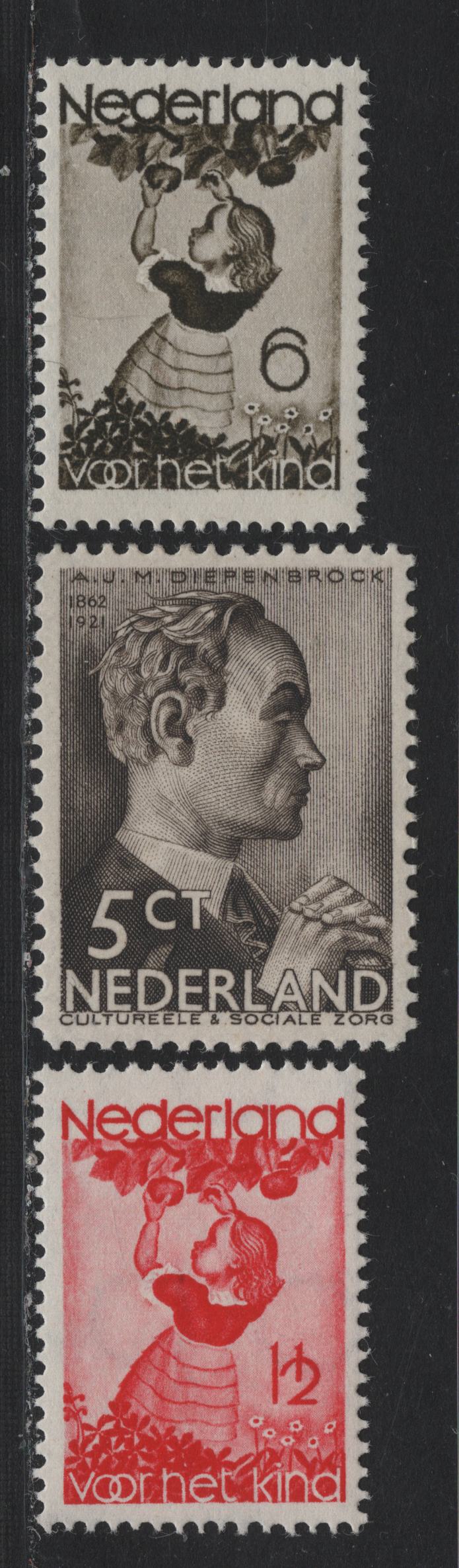 Lot 70 Netherlands SC#B62, B78, B84 5c+3c - 6c+4c Black Brown , 1935 Social & Cultural Projects - Child Welfare Semi Postals, 3 VFNH Singles