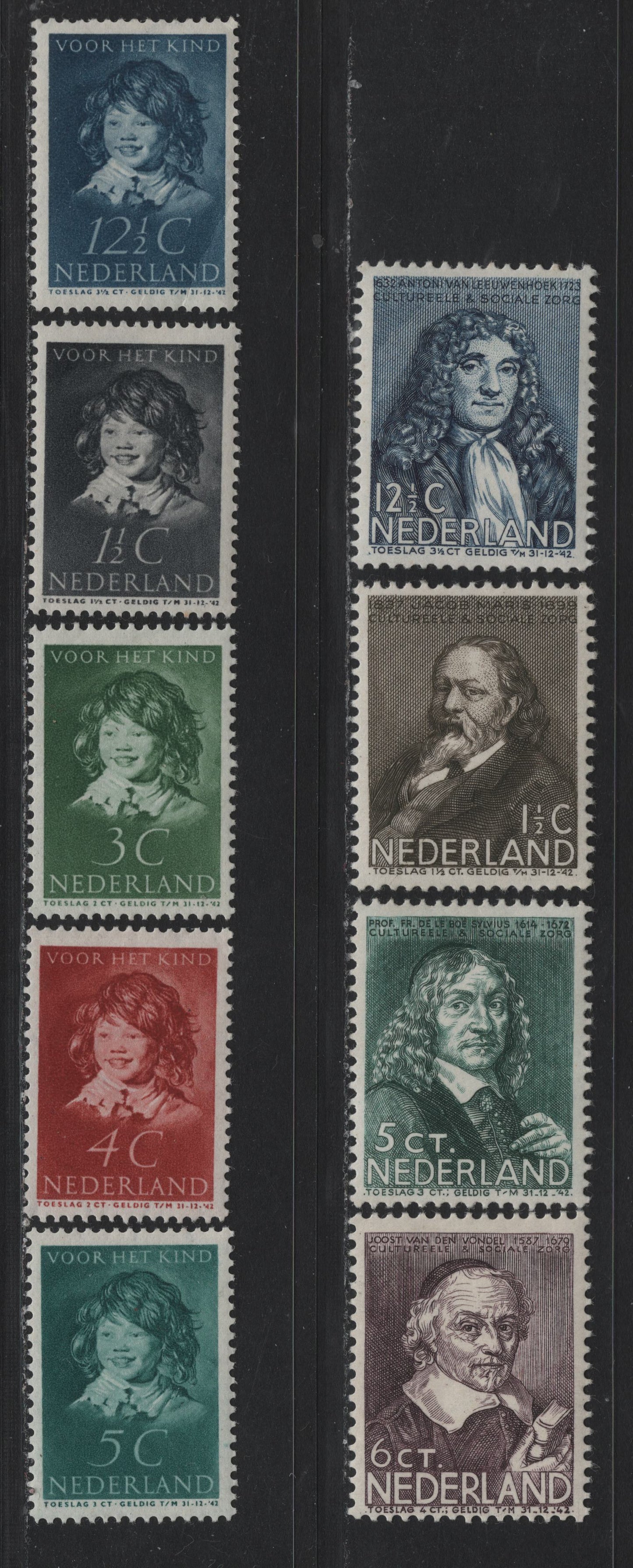 Lot 76 Netherlands SC#B94-B102 1.5c+1.5c - 12.5c+3.5c Black Brown - Dark Blue , 1937 Social & Cultural Projects & Child Welfare Semi Postals, 9 VG/VFOG Singles, B102 Has A Diagonal Corner Crease