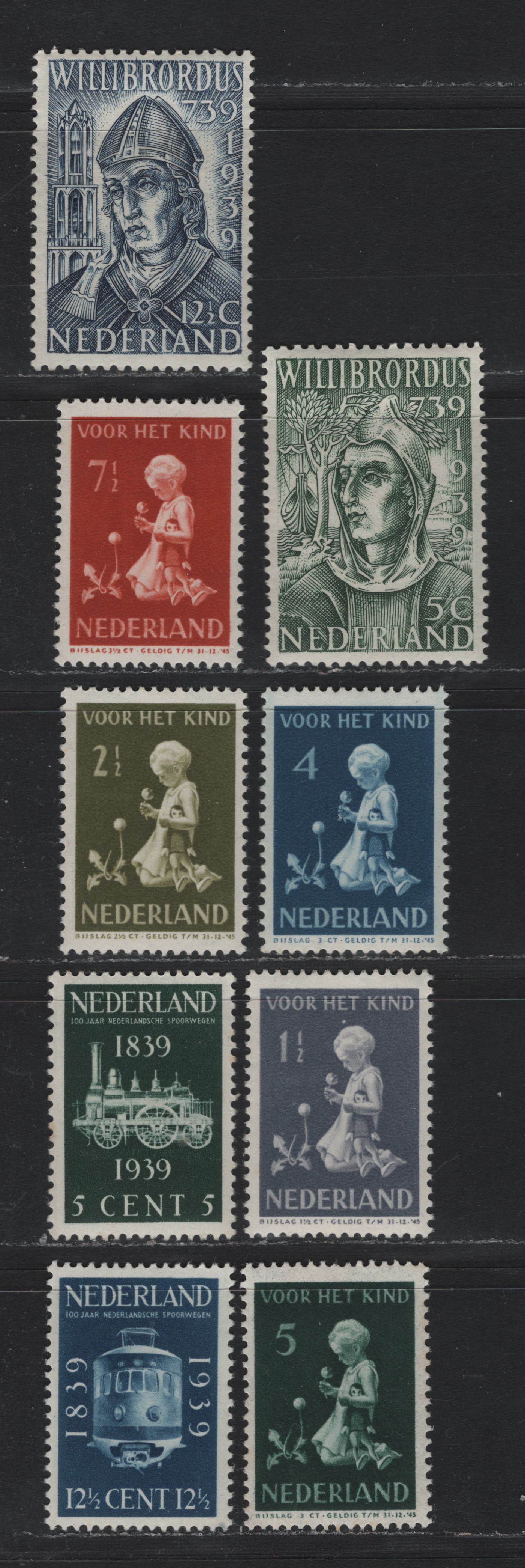 Lot 79 Netherlands SC#B129-B133, 212-215 5c - 7.5c+3.5c Dark Slate Green - Henna Brown , 1939-1940 Centenary Of Death of St. Willibrord - Destitute Children Semi Postals, 9 F/VFOG/NH Singles