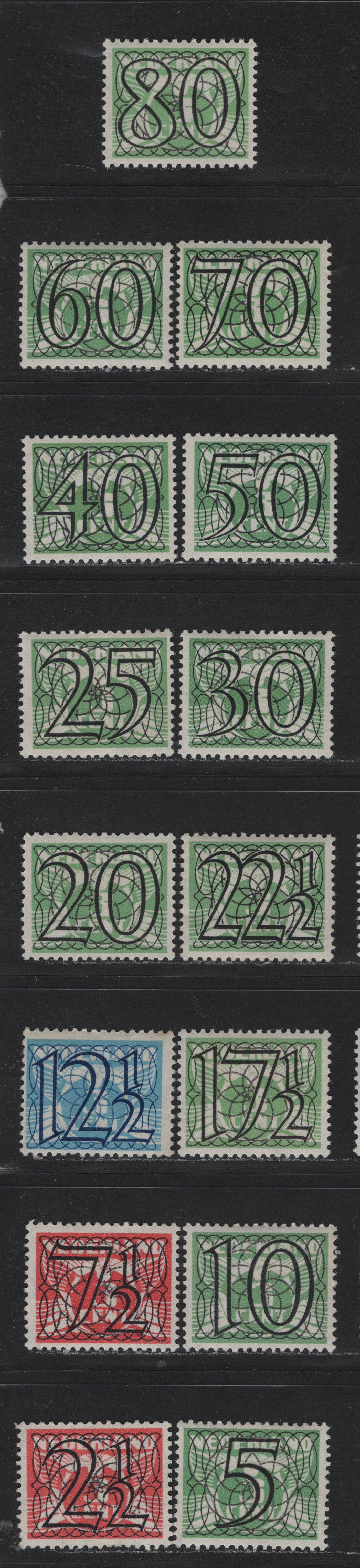 Lot 82 Netherlands SC#226-240 2.5c on 3c - 80c on 3c Vermillion - Light Green , 1940 Surcharged Issue, 15 F/VFOG Singles