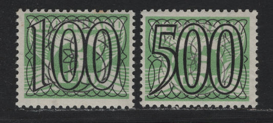 Lot 85 Netherlands SC#241, 243 1g on 3c - 5g on 3c Light Green , 1940 Surcharged Issue, 2 FOG Singles