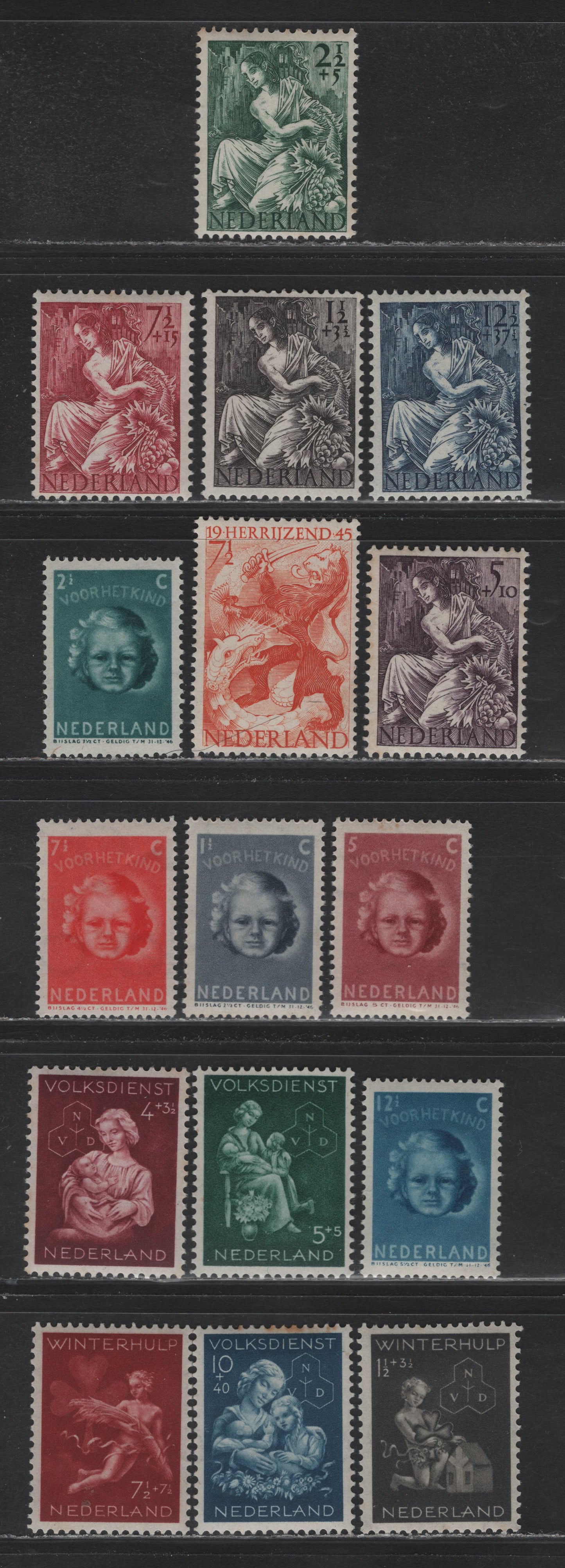 Lot 90 Netherlands SC#277, B149-B158, B159-B163 7.5c - 12.5c-37.5c Red Orange - Dark Blue , 1945-1946 Netherlands Liberation - WW2 Victims Issues, 16 F/VFOG Singles, Some Toning On B153
