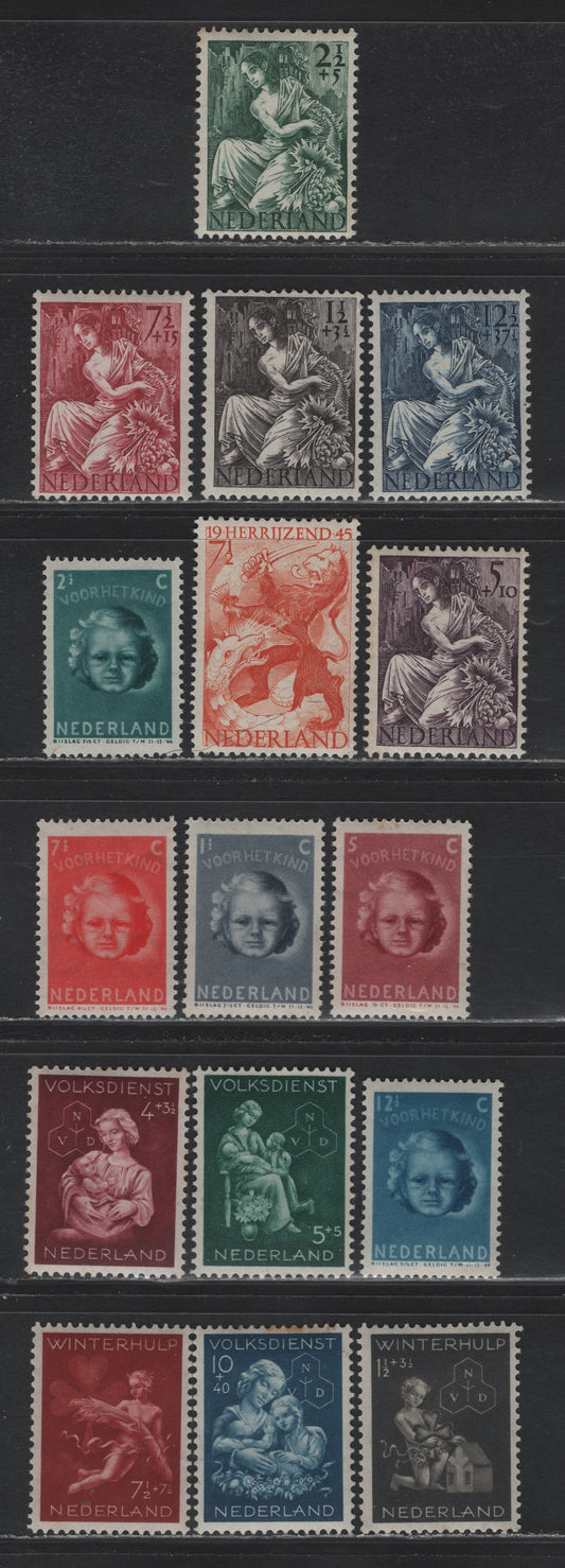Lot 90 Netherlands SC#277, B149-B158, B159-B163 7.5c - 12.5c-37.5c Red Orange - Dark Blue , 1945-1946 Netherlands Liberation - WW2 Victims Issues, 16 F/VFOG Singles, Some Toning On B153
