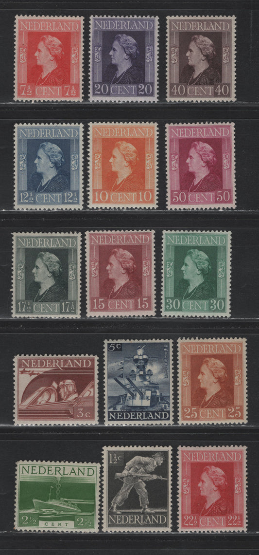 Lot 91 Netherlands SC#262-276 1.5c - 50c Black - Red Violet , 1944-1946 War Effort Definitive Issue, 15 VFOG Singles