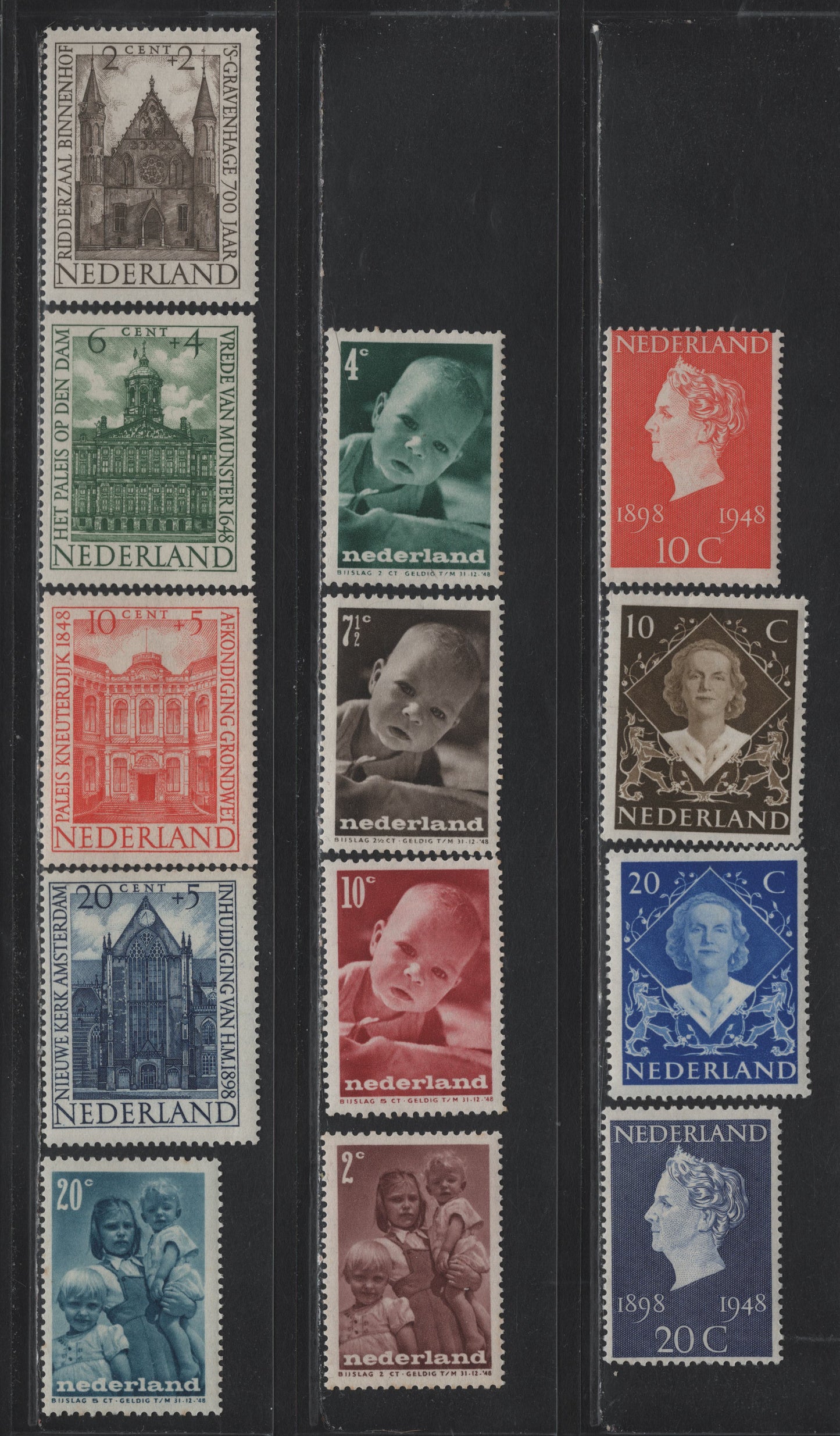 Lot 95 Netherlands SC#302-305, B180-B184 10c - 20c+5c Vermillion - Deep Blue , 1948 50th Anniv of Queen Wilhelmina's Reign - Social & Cultural Purposes Semi Postal Issues, 9 F/VFOG Singles, Small Tone Spot On B184