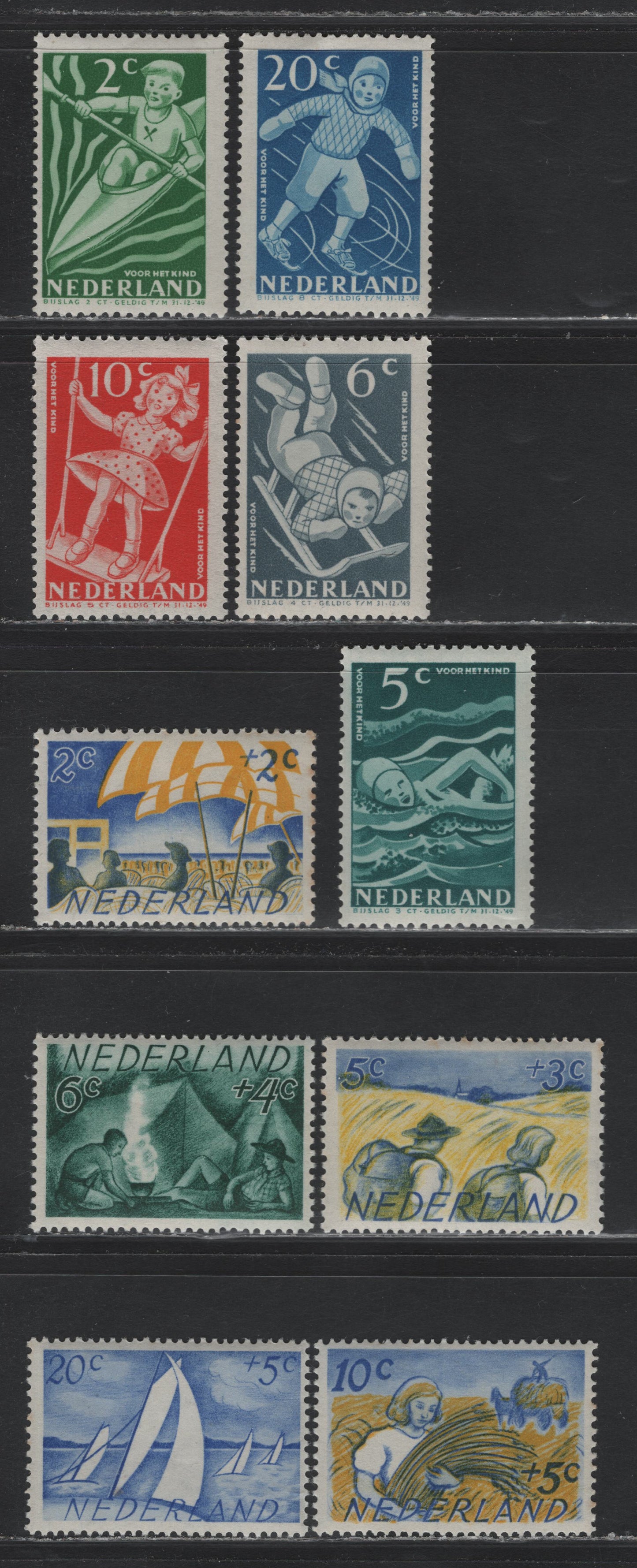 Lot 96 Netherlands SC#B189-B198 2c+2c - 20c+5c Yellow Green - Blue , 1948-1949 Child Welfare - Social & Cultural Purposes Semi Postal Issues, 10 F/VFNH/OG Singles, B189, B191-B193 Are NH