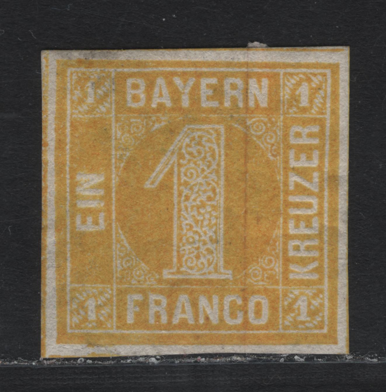 Lot 10 Bavaria SC#9 (Michel# 8I) 1kr Yellow , 1862 Numeral Issue, A VFOG Single, Plate 2, Full Margins On All Sides