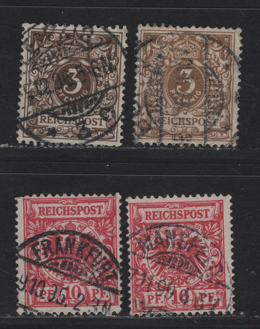 Lot 102 Germany SC#46,a, 48 945a,b, 47a,da) 3pf - 10pf Yellow Brown - Red Carmine , 1889-1900 Crown & Eagle Reichpost Issue, 4 Fine/Very Fine Used Singles, Magenta Fluoresing Dark Carmine Under UV & Red Carmine Fluorescing Dark Red Under UV