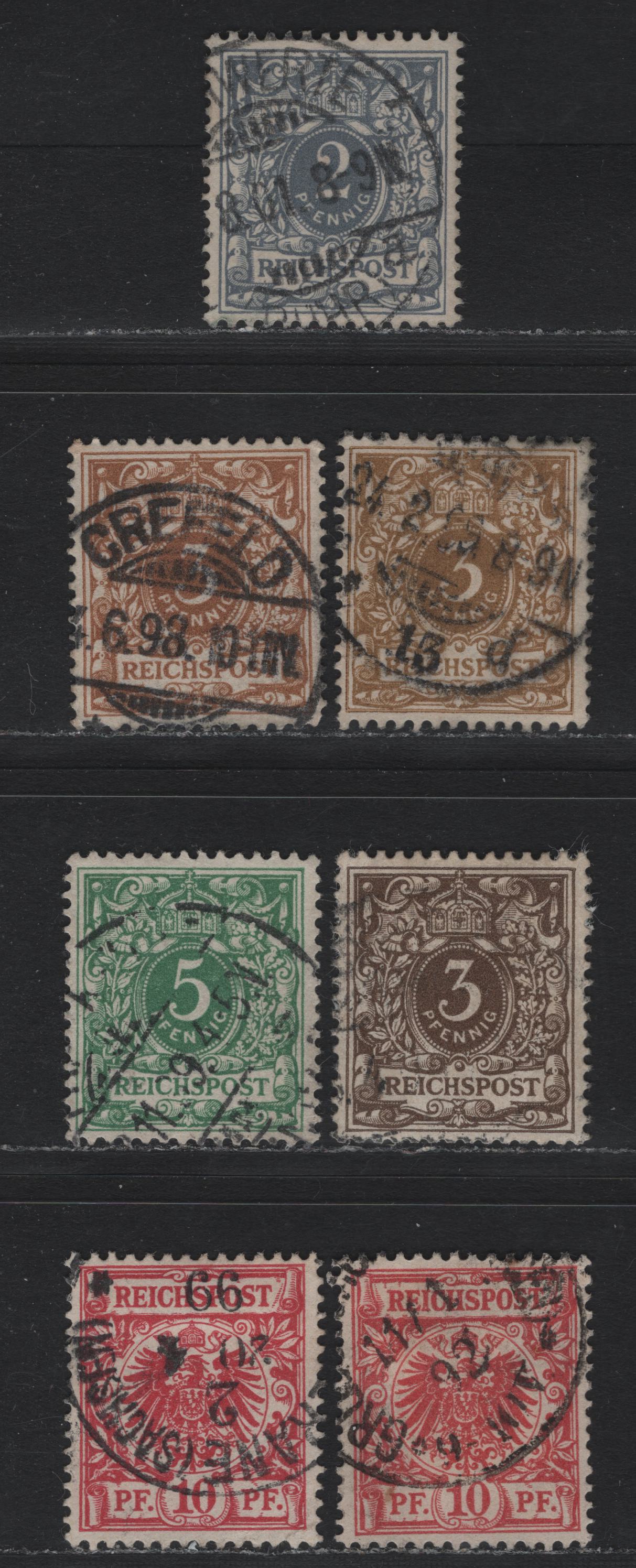 Lot 103 Germany SC#45, 46f, 47a, 48,b (45b,c,d, 46a, 47b,db, 52) 2pf - 10pf Lively Gray - Lively Rose Red , 1889-1900 Crown & Eagle Reichpost Issue, 7 Very Fine Used Singles, 10pf Fluorescing Brown & Pale Cinnabar Under UV