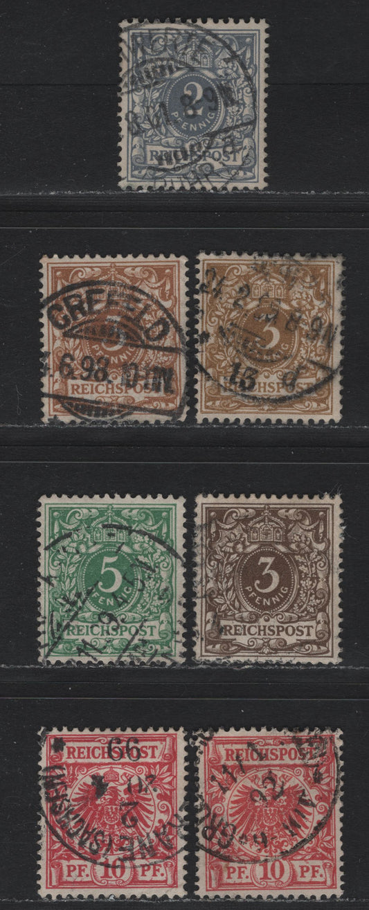 Lot 103 Germany SC#45, 46f, 47a, 48,b (45b,c,d, 46a, 47b,db, 52) 2pf - 10pf Lively Gray - Lively Rose Red , 1889-1900 Crown & Eagle Reichpost Issue, 7 Very Fine Used Singles, 10pf Fluorescing Brown & Pale Cinnabar Under UV