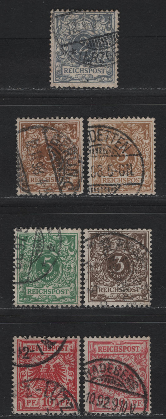 Lot 104 Germany SC#45, 46f, 47a, 48,b (45b,c,d, 46a, 47b,db, 52) 2pf - 10pf Lively Gray - Lively Rose Red , 1889-1900 Crown & Eagle Reichpost Issue, 7 Fine Used Singles, 10pf Fluorescing Brown & Pale Cinnabar Under UV