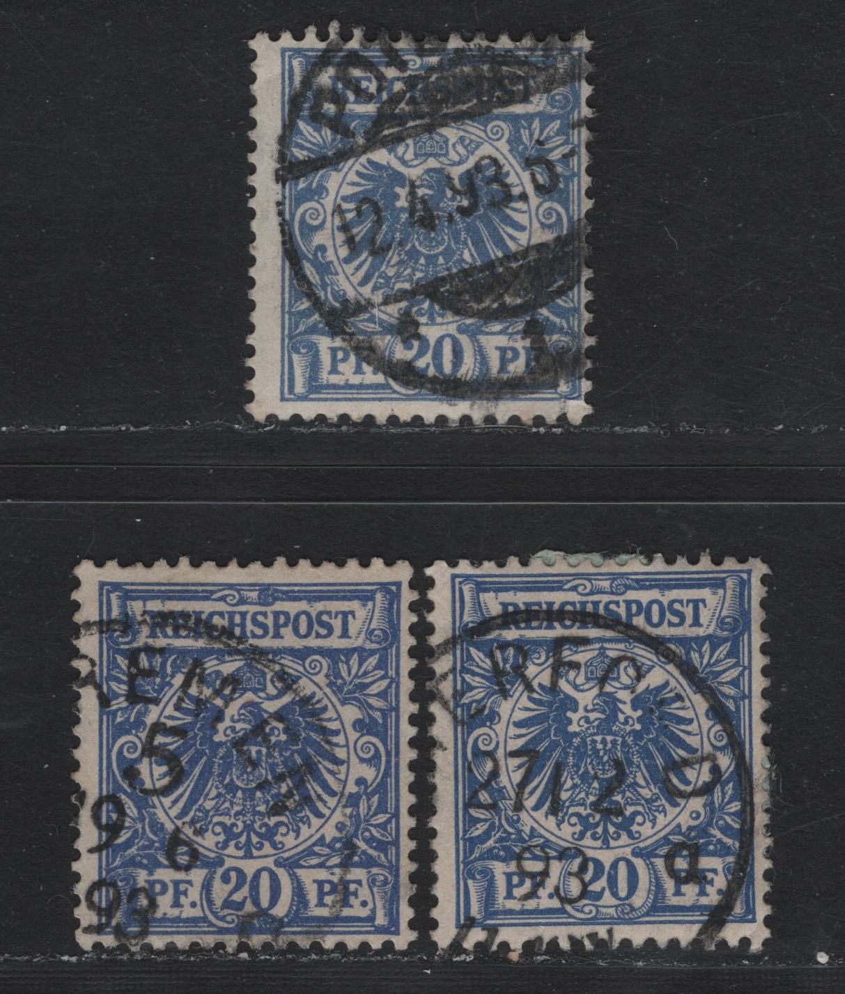 Lot 105 Germany SC#46c (48b,ba,d) 20pf Dark Blue - Medium Blue , 1889-1900 Crown & Eagle Reichpost Issue, 3 Fine Used Singles, Common Violet Ultramarine Shade For Comparison, Medium Blue Has A Corner Crease & Is Not Counted
