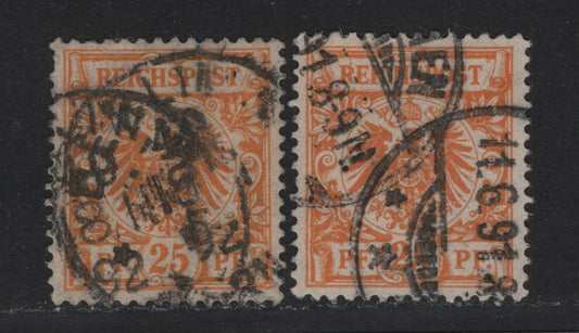 Lot 108 Germany SC#50b (49aa,b) 25pf Lively Yellowish Orange - Yellowish Orange , 1889-1900 Crown & Eagle Reichpost Issue, 2 Fine/Very Fine Used Singles, Heavy Cancel On The Expensive Shade, Date Is 1892, Given That The Shade Appeared in 1891.