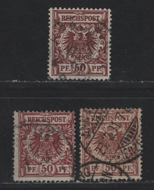 Lot 111 Germany SC#51,a,e 50pf Medium Brown Red - Lively Red Brown , 1889-1900 Crown & Eagle Reichpost Issue, 3 Fine/Very Fine Used Singles, October 9 1898 Bremen, June 5 1896 Hanau & August 18 1896 Hamburg Cancels