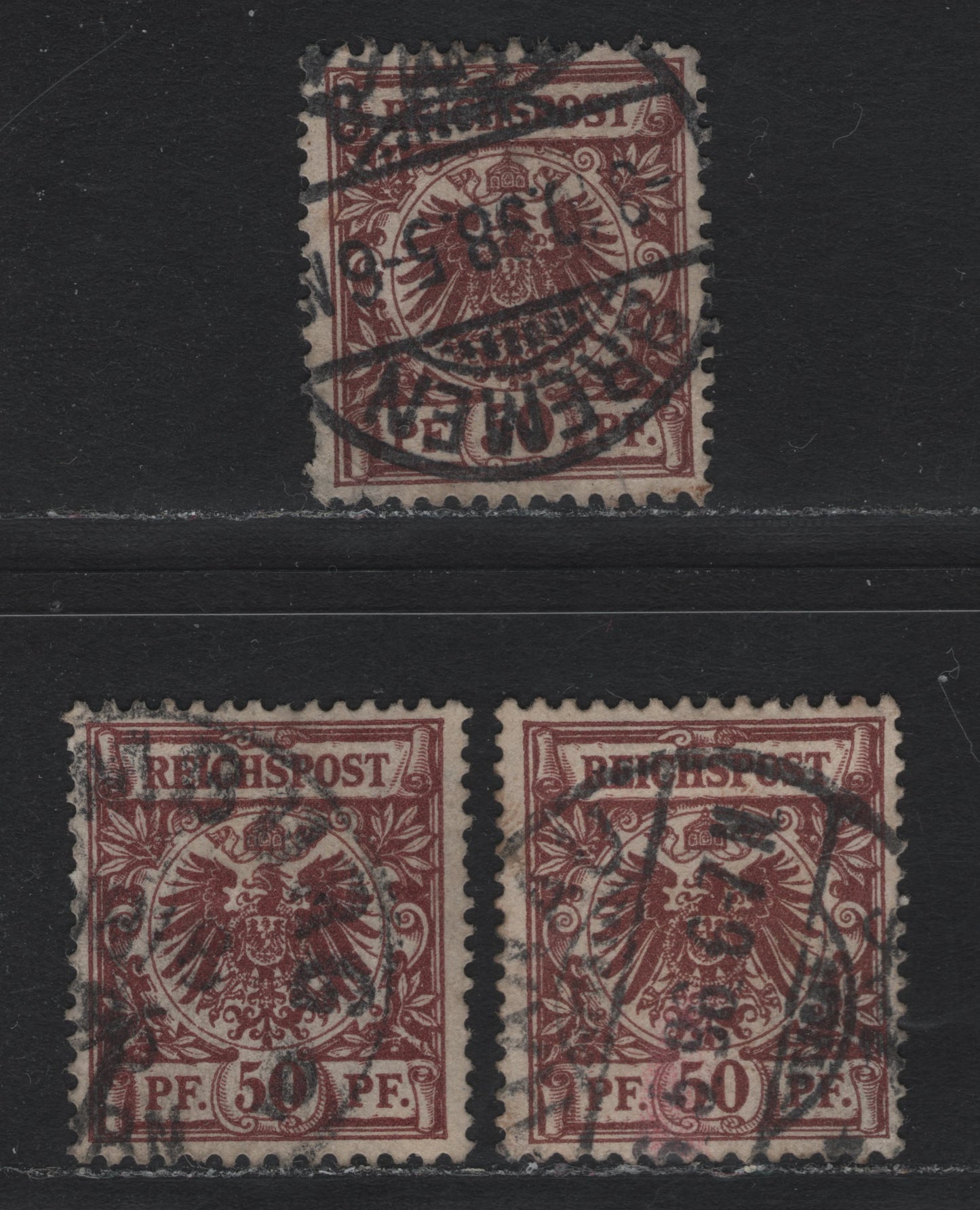 Lot 112 Germany SC#51a (50da) 50pf Livelt Red Brown , 1889-1900 Crown & Eagle Reichpost Issue, 3 Fine/Very Fine Used Singles, All With Dated CDS Town Cancels