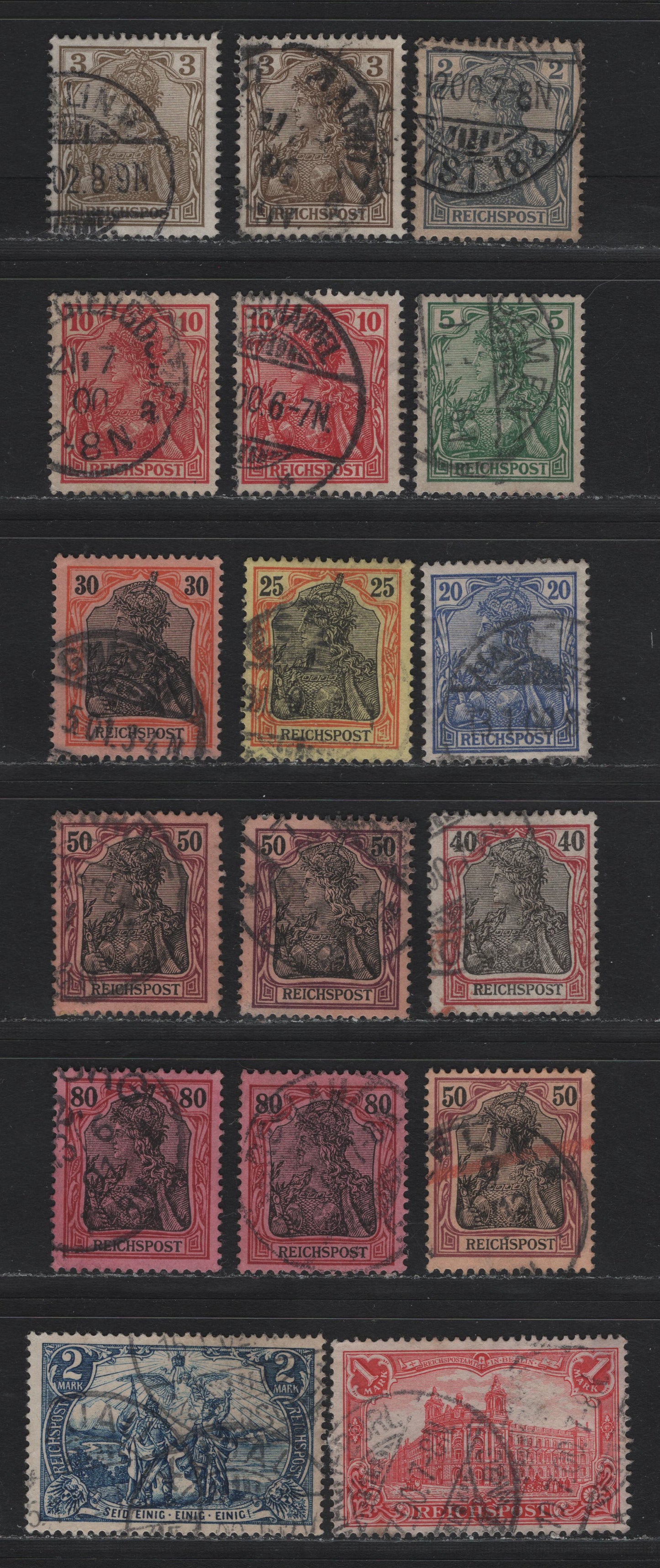 Lot 116 Germany SC#52-63 2pf - 2m Gray - Gray Blue , 1900 Reichpost Germania Issues, 16 Fine/Very Fine Used Singles