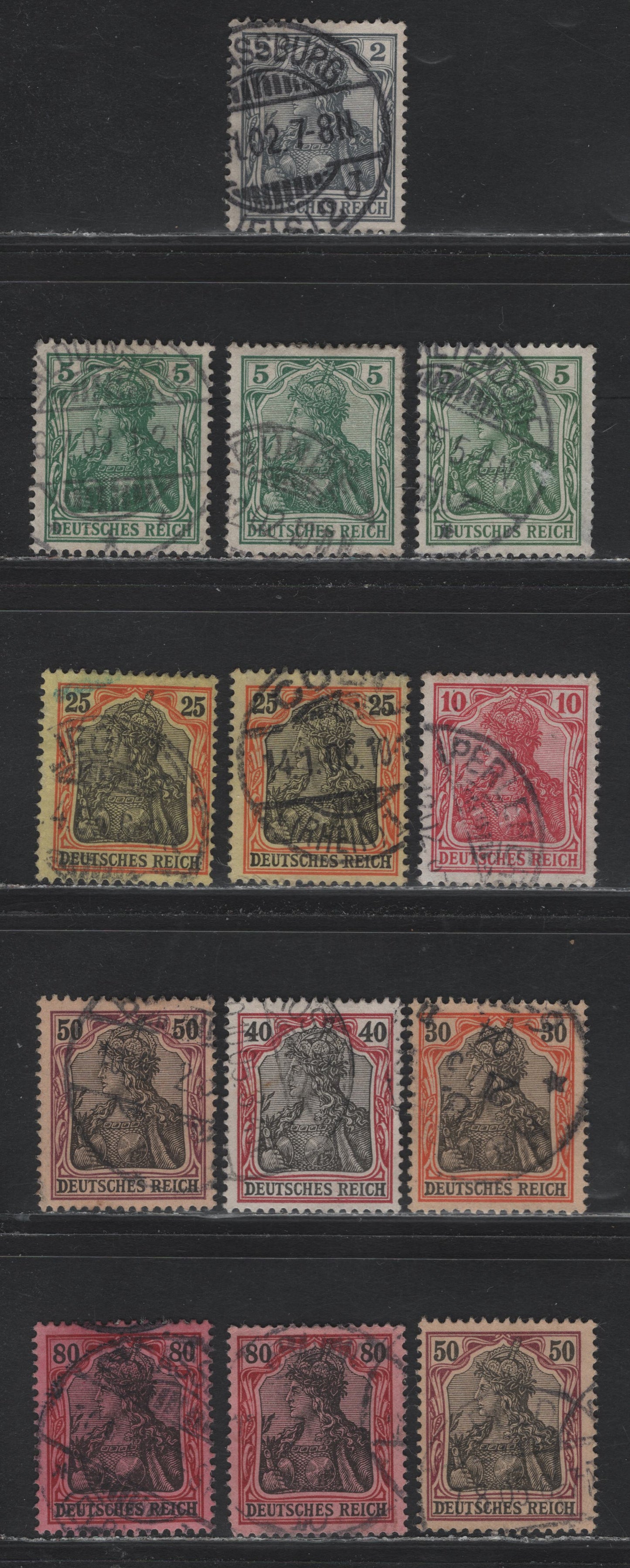 Lot 120 Germany SC#65c, 67,a, 68, 70-74 2pf - 80pf Gray - Lake & Black , 1902-1905 Germania Issue, 11 Fine/Very Fine Used Singles, Unwatermarked, Shade Varieties Of the 5pf, 25pf, 50pf & 80pf