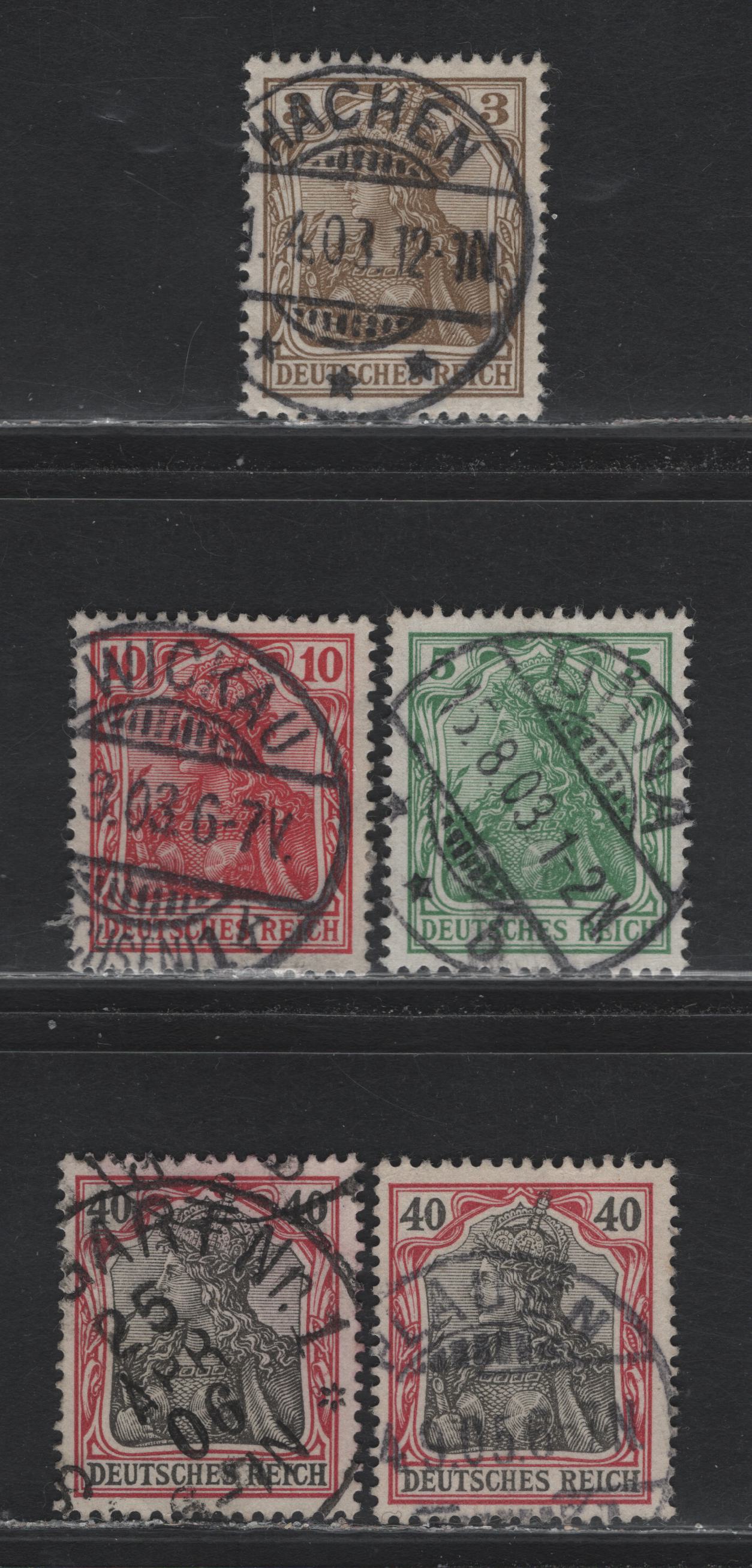 Lot 121 Germany SC#66-68, 72 3pf - 40pf Dark Ochre Brown - Lake & Black , 1902-1905 Germania Issue, 5 Fine/Very Fine Used Singles, Unwatermarked, SON Town Cancels