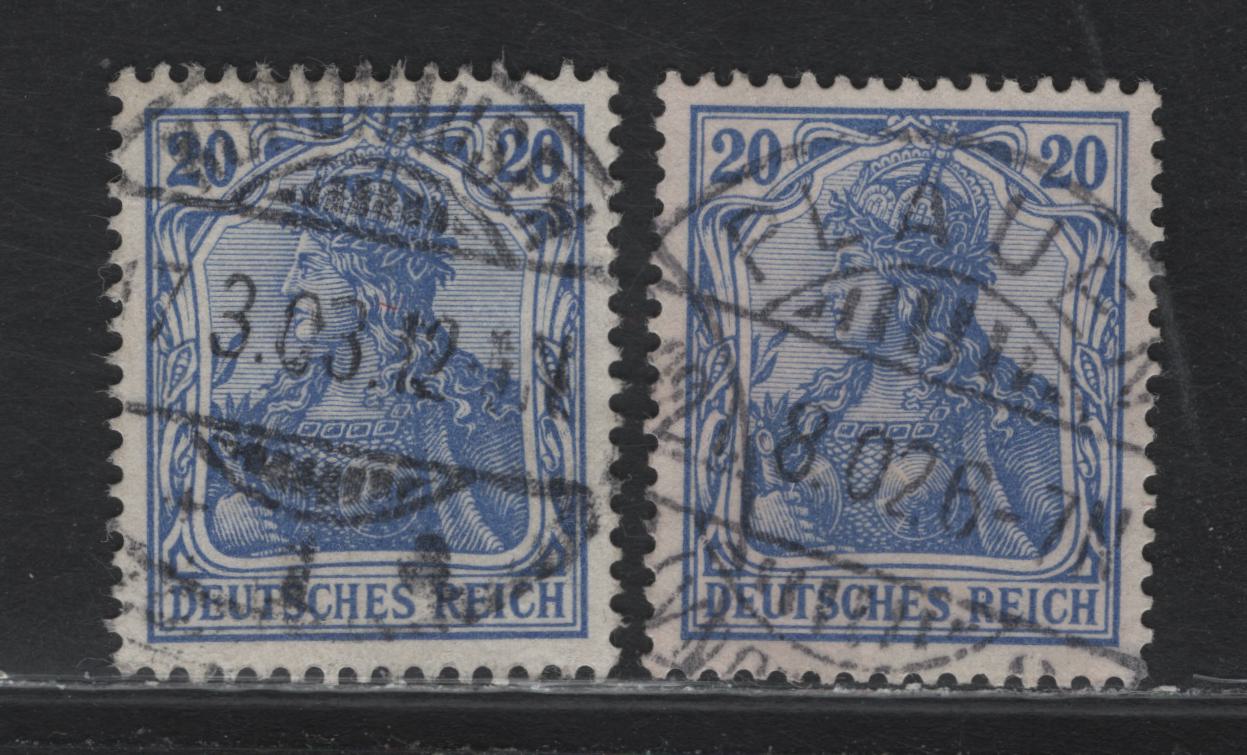Lot 122 Germany SC#69,b (72a-b) 20pf Lively Violet Ultramarine - Lively Lilac Ultramarine , 1902-1905 Germania Issue, 2 Very Fine Used Singles, Used Examples Of Both Shades, Cancelled With August 21 1902 Plaven & March 17 1903 Korunausen CDS Cancels