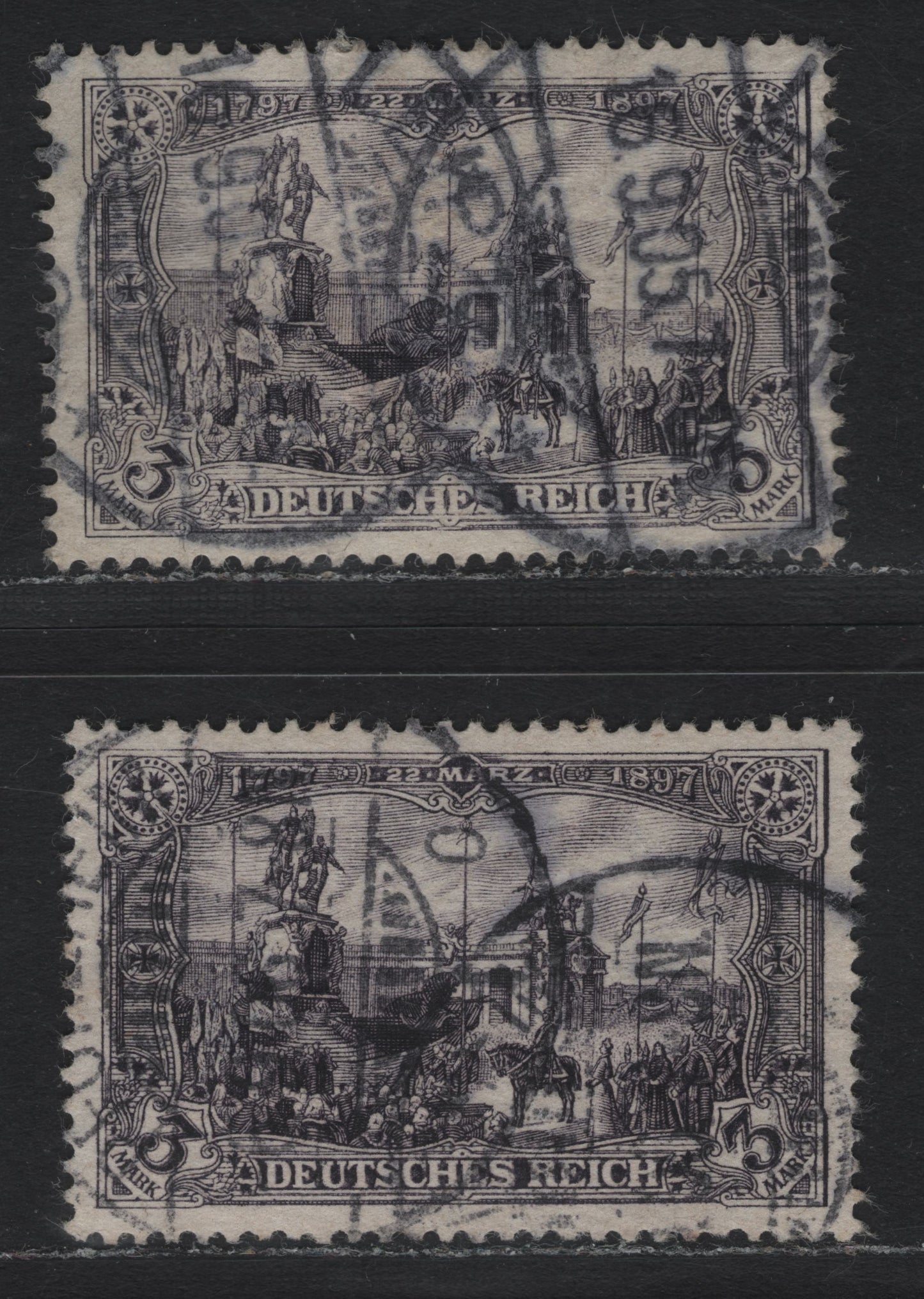 Lot 123 Germany SC#77bvar (80bb, 80Ba) 3m Violet Black - Blackish Brown Violet , 1902-1905 Germania Issue, 2 Fine/Very Fine Used Singles, Perf 14, 25x16 Holes, Rare Shade In This Much Rarer Perf,  Sept 16 1905 Leipzig CDS Cancel, Michel Cat 23,035 Euro!