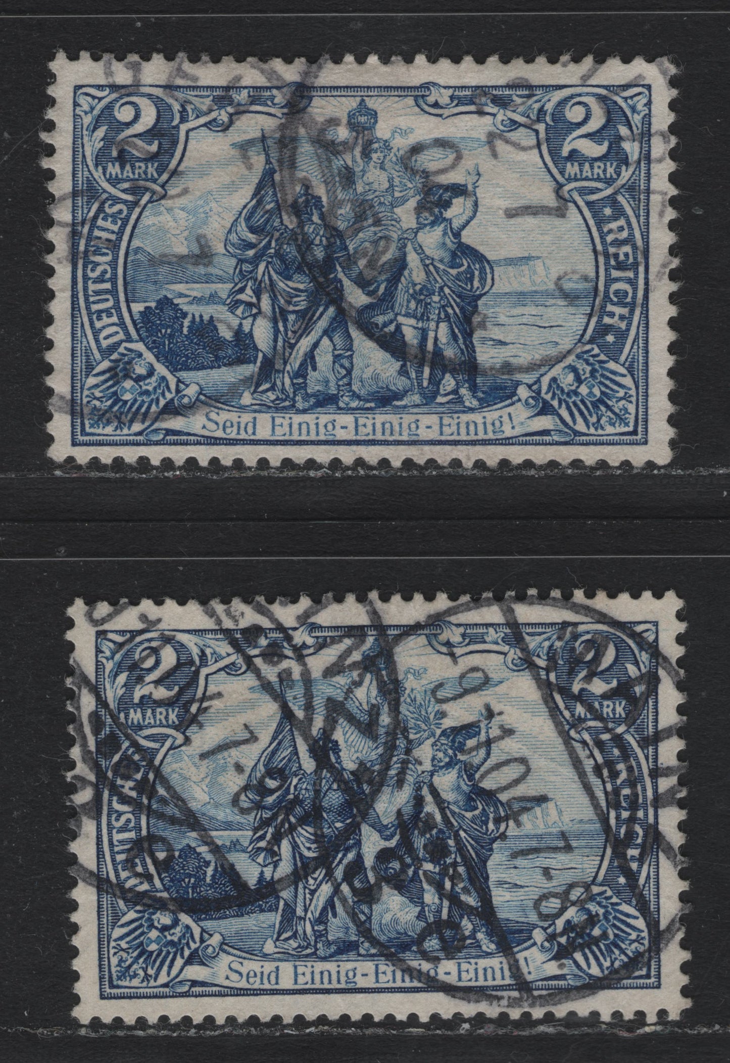 Lot 126 Germany SC#79 (82A-B) 2m Blackish Blue , 1902-1905 Germania Issue, 2 Very Fine Used Singles, Revised Design, Perf 14, 26x17 & 25x16 Holes, November 9 1904 Mainz Cancel.