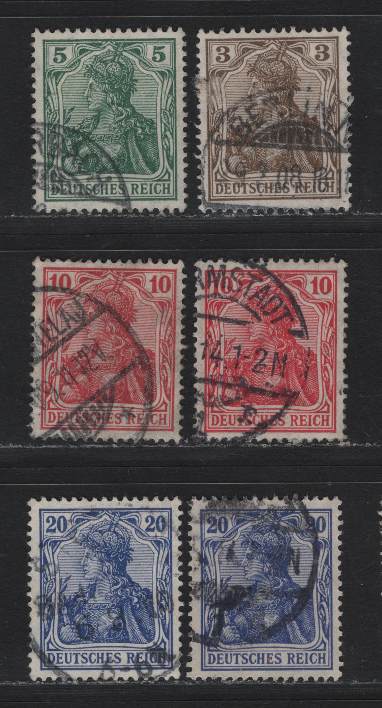 Lot 128 Germany SC#81b, 82h, 83g,h, 84e,g (83I, 85Ia, 86Ia, 87Ia-b) 3pf - 20pf Ochre Brown - Violet Ultramarine , 1905-1913 Germania Issue, 6 Very Fine Used Singles