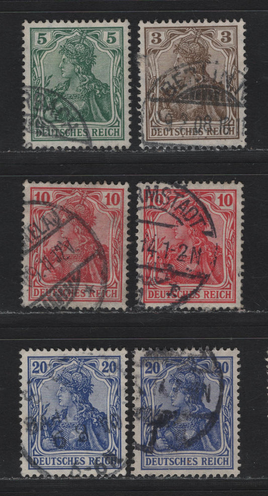 Lot 128 Germany SC#81b, 82h, 83g,h, 84e,g (83I, 85Ia, 86Ia, 87Ia-b) 3pf - 20pf Ochre Brown - Violet Ultramarine , 1905-1913 Germania Issue, 6 Very Fine Used Singles