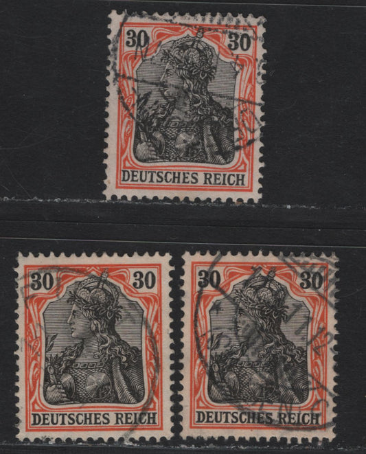 Lot 129 Germany SC#86b-c (89Ix, 89Iy) 30pf Black & Orange Red - Black & Red Orange , 1905-1913 Germania Issue, 3 Very Fine Used Singles, Peace Time Printings, Lozenges Wmk