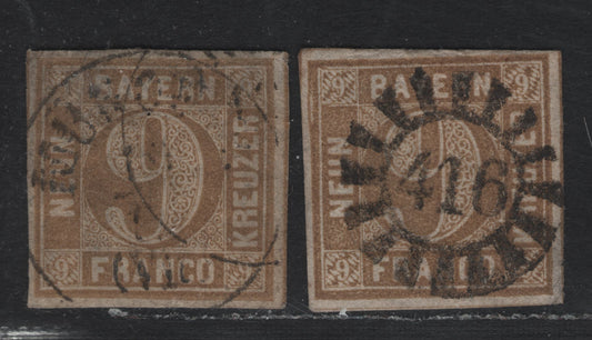 Lot 13 Bavaria SC#12 (Michel# 11) 9kr Bistre , 1862 Numeral Issue, 2 Good/Fine Used Singles, One With A Very Small Pinhole & Munich Cancel, Other With #416 Closed Millwheel Cancel, Shallow Margin Thin At LR.