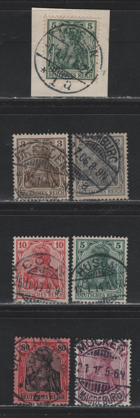 Lot 132 Germany SC#80, 81b, 82h, 83h, 89b, 91a (83I, 84I, 85Ia, 86Ia, 92I, 93I) 2pf - 80pf Gray - Lake & Black , 1905-1913 Germania Issue, 6 Fine/Very Fine Used Singles
