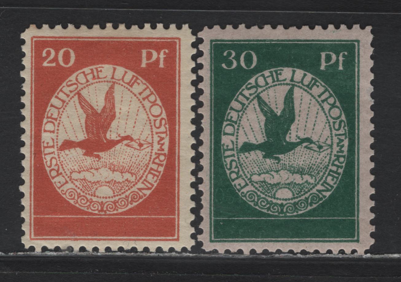 Lot 134 Germany Michel#II-III 20pf - 30pf Blackish Red Orange - Blackish Opal Green , 1912 Semi-Official Airmail Issue, 2 FOG Singles