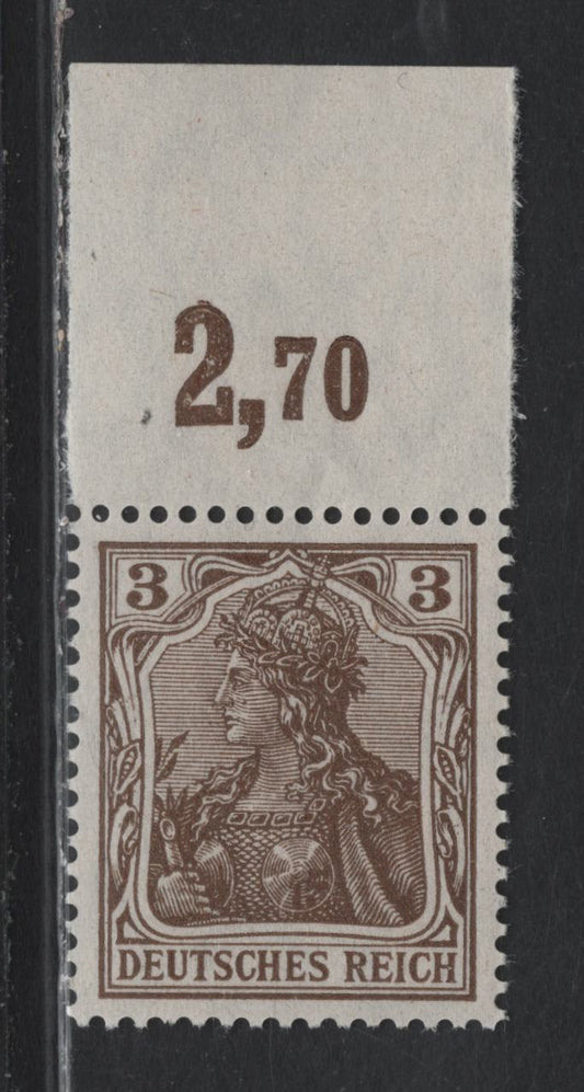Lot 136 Germany SC#81a (84IIbPoR) 3pf Blackish Ochre Brown , 1914-1919 Germania Issue, A VFNH Single, 1918 Printing, Top Margin Single With Counter Mark