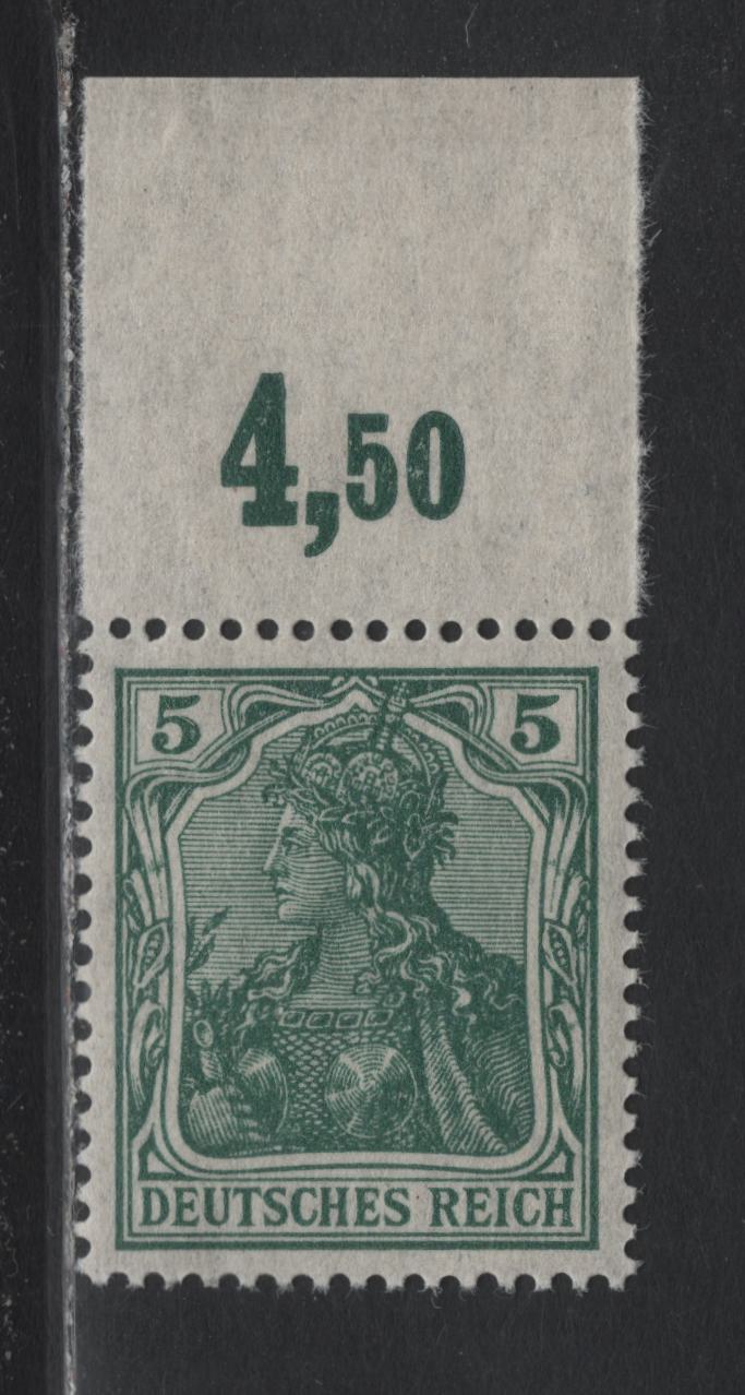 Lot 137 Germany SC#82 (85IIePoR) 5pf Black Opal Green , 1914-1919 Germania Issue, A VFNH Single, 1918 Printing, Top Margin Single With Counter Tab