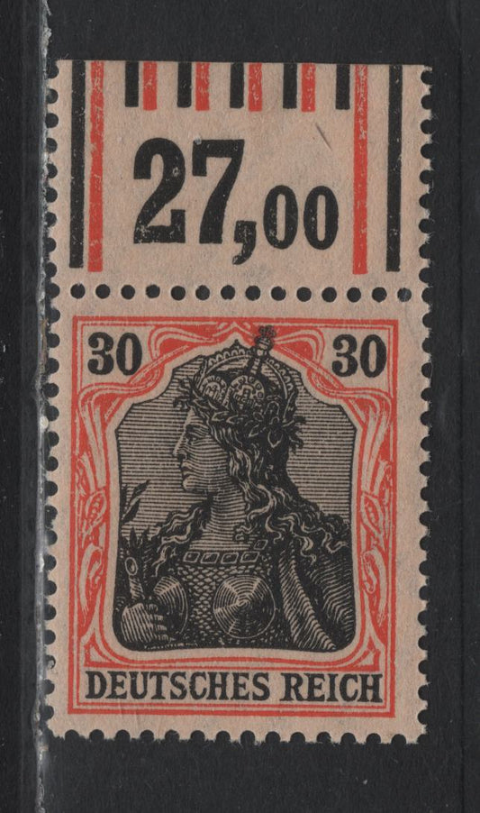 Lot 141 Germany SC#86 (89IIxVOR 1'4'1/1'5'1) 30pf Orange & Black on Orange , 1913-1920 Germania Issue, A VFNH Single, White Paper With Chrome Yellow Back, Top Sheet Margin Single With Counter Tab Having One Outer Bar Of Each Color And 4/5 Inner Bars