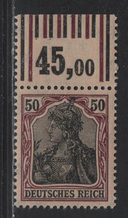 Lot 143 Germany SC#88 (91IIxWOR 1'4'1/1'5'1) 50pf Purple & Black on Buff , 1913-1920 Germania Issue, A VFNH Top Sheet Margin Single, March 1915 Printing, 1 Outer Bar Of Each Color & 4/5 Inner Bars
