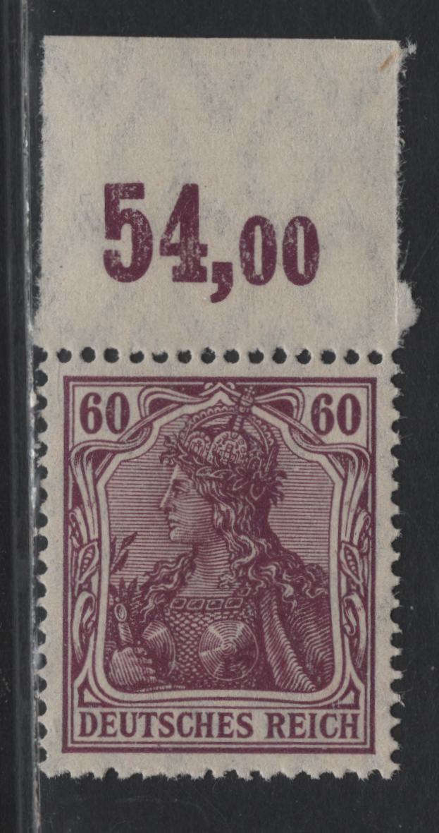 Lot 144 Germany SC#89a (92IIaPOR) 60pf Dark Gray Lilac , 1913-1920 Germania Issue, A VFNH Top Sheet Margin Single, June 1915 Printing, Counter Tab