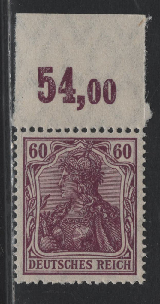 Lot 144 Germany SC#89a (92IIaPOR) 60pf Dark Gray Lilac , 1913-1920 Germania Issue, A VFNH Top Sheet Margin Single, June 1915 Printing, Counter Tab