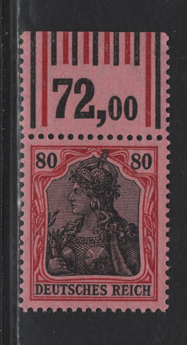Lot 145 Germany SC#91 (93IIbWOR 1'4'1/1'5'1) 80pf Carmine & Black , 1913-1920 Germania Issue, A VFNH Top Sheet Margin Single, 1 Outer Bar Of Each Color & 4/5 Inner Bars