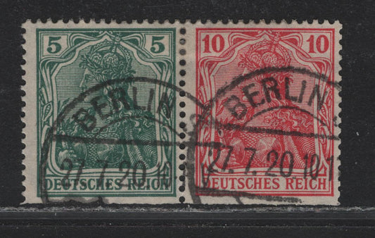Lot 147 Germany Michel#W7IIaa 5pf - 10pf Opal Green - Lively Carmine Red , 1913-1920 Germania Issue, A Fine Used Booklet Pair, Bottom of the Pane, Cancelled With July 27 1920 Berlin CDS