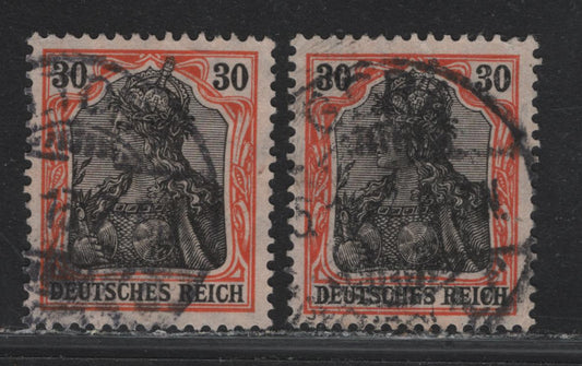 Lot 148 Germany SC#86a (89IIy) 30pf Black & Orange Red - Deep Orange Red on Orange-White , 1913-1920 Germania Issue, 2 Fine/Very Fine Used Singles, Two Different Shades, One Stamp Is Marked Iix on the Back, But This Is Incorrect In My Opinion.