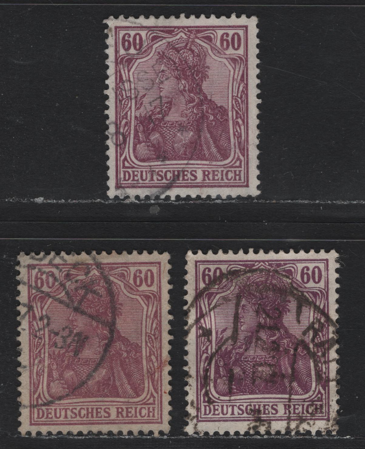 Lot 149 Germany SC#89-a 60pf Lively Brown Violet - Blackish Gray Lilac , 1913-1920 Germania Issue, 3 Very Fine Used Singles, June & October 1915 Printings
